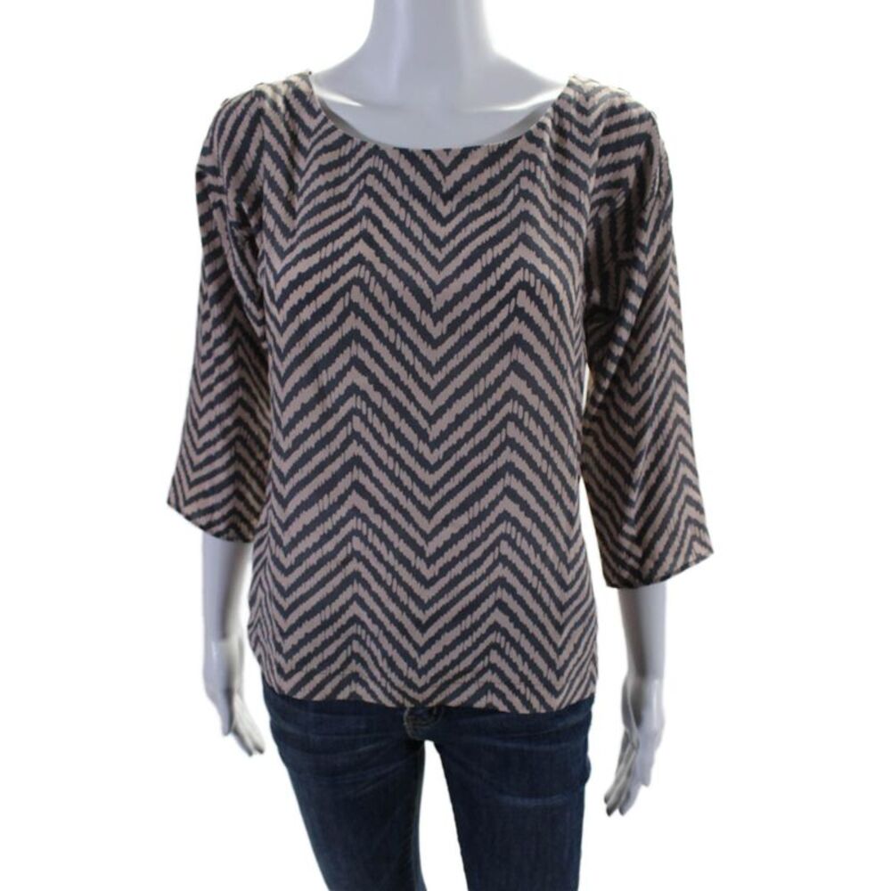 Virginie Castaway Womens 3/4 Sleeve Boat Neck Chevron Silk Top Gray Size 0